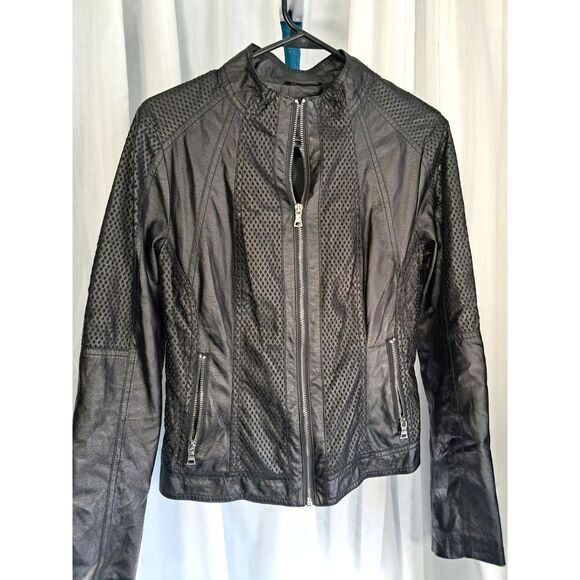 Vintage Guess Faux Leather Moto Biker Jacket Size Medium Laser Cut Lattice - Picture 1 of 13